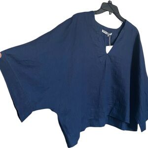 OYSHO Navy Linen V-Neck Top/Blouse Size S